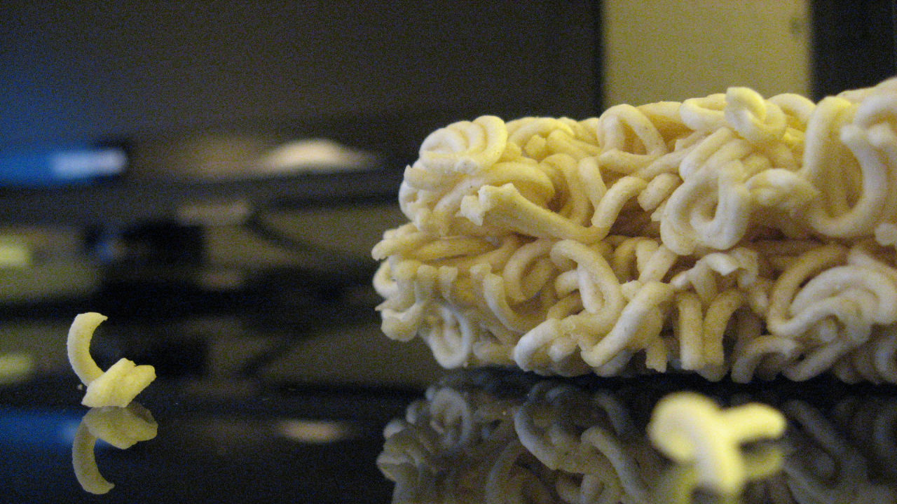 A square of top ramen on a desk