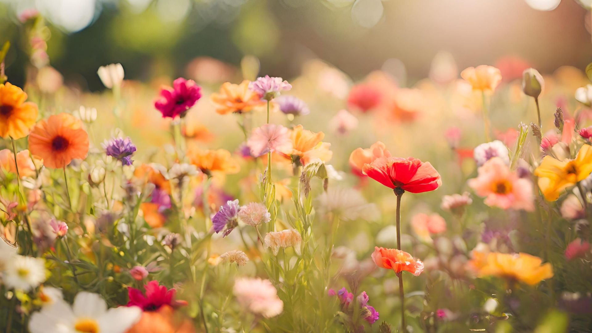 Warmly lit field of summer flowers