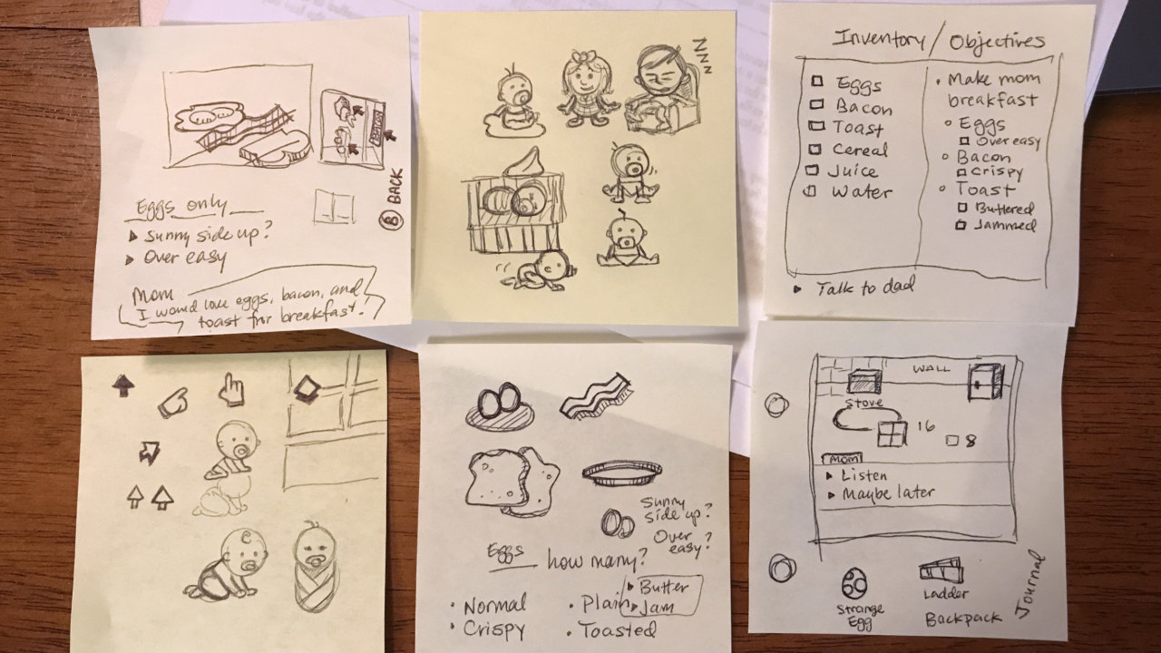 Six post-it notes with doodles and ideas